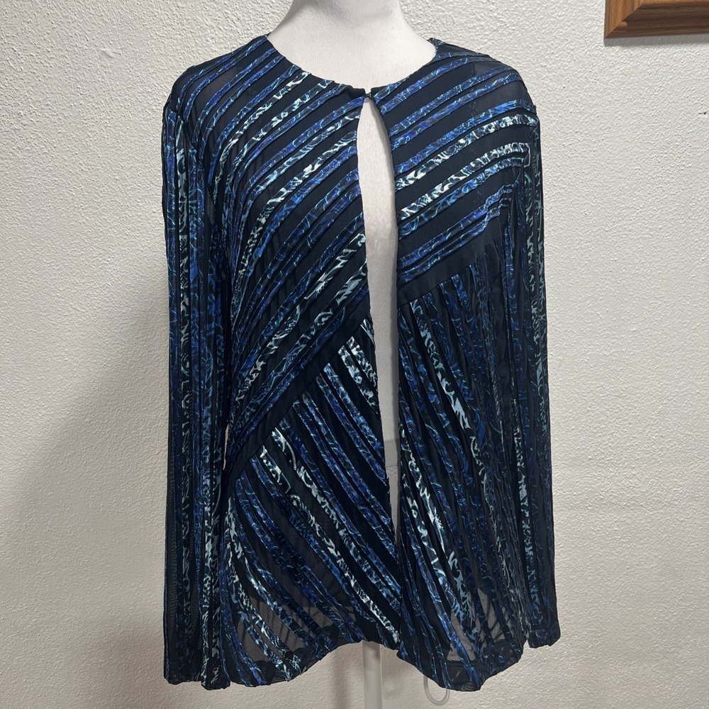 Chicos Travelers Cardigan Jacket Womens 2 XL Blue Black Satin Mesh Ribbon Knit